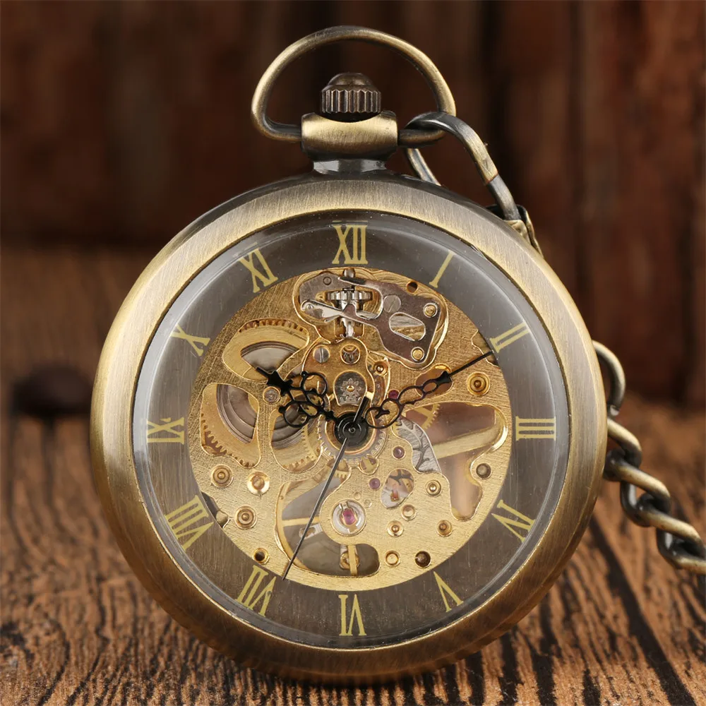 Top Trends: Vintage Bronze Transparent Roman Numerals Skeleton Mechanical Hand Winding Pocket Watch Open Face Pendant Antique Pocket Clock Shoppable Styles