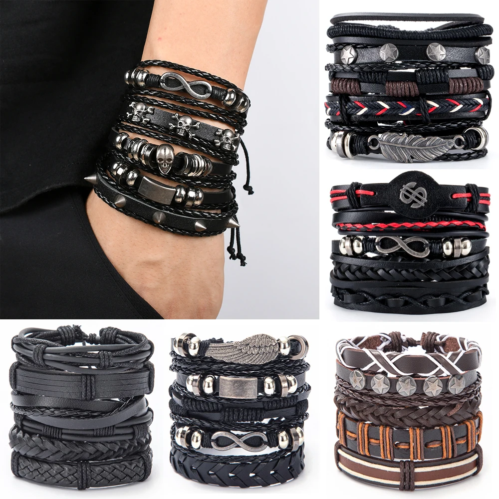 Top Trends: Eif Dock Vinatge Gothic Punk Skull Star Metal Multilayer Leather Bracelet Men Bracelets &amp; Bangles Male Arm Jewelry Wholesale Shoppable Styles