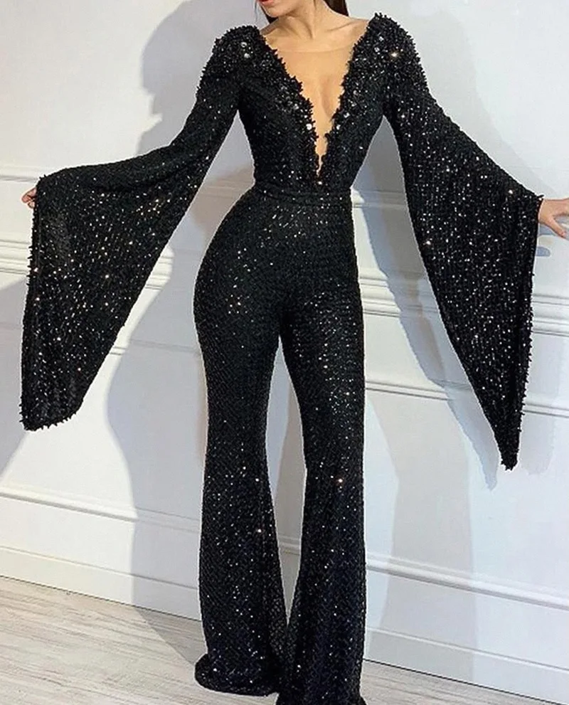 Top Trends: 2022 Famous Elegant Design Jumpsuits Solid Sparkly Sequins V-neck Long Sleeve Sexy Bodycon Rompers Shoppable Styles