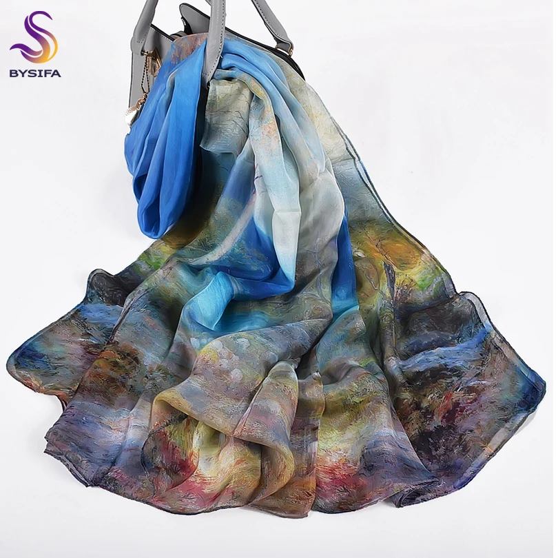 Top Trends: BYSIFABlue 100% Silk Chiffon Scarf Shawl New Spring Autumn Shepherd Design Women Long Scarves Summer Beach Shawl Winter Scarves Shoppable Styles