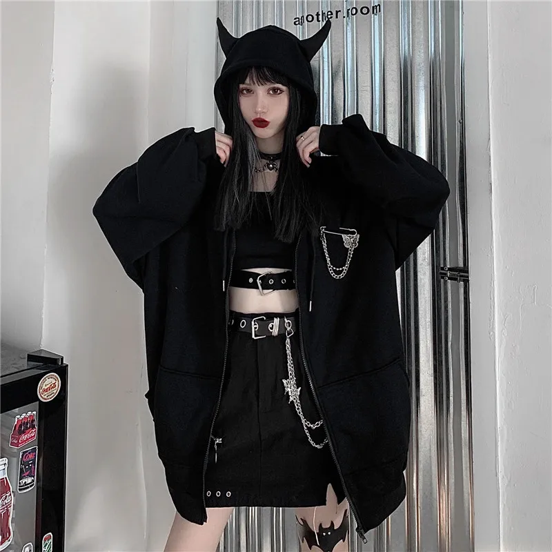 Top Trends: Deeptown Emo Zip Up Hoodie Women Harajuku Punk Gothic Sweatshirt Black Devil Horn Zipper Coat Oversized Streetwear Alt Clothes Shoppable Styles