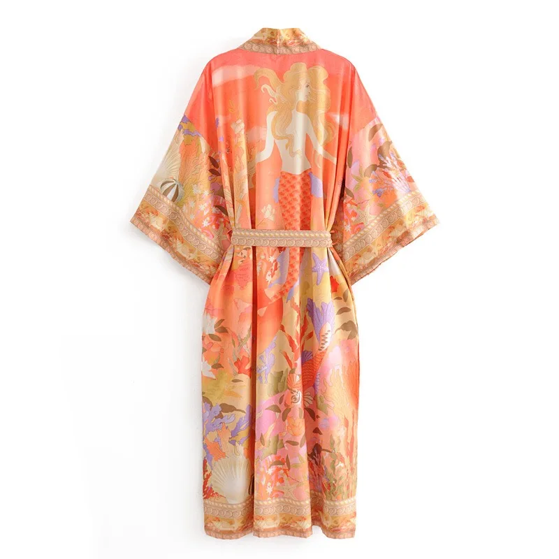 Top Trends: Bohemia Orange Mermaid Flower Crane Print Long Kimono Shirt Ethnic Lacing Up Sashes Long Holiday Cardigan Loose Blouse Tops Shoppable Styles - Image 2