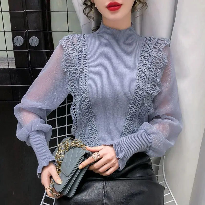 Top Trends: Spring And Autumn New Sweater Slim Mesh Lantern Sleeve Splicing Knitwear Long-sleeved Bottoming Pullover Women Shoppable Styles