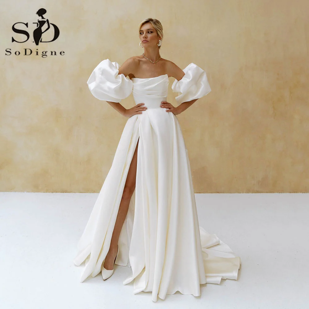 Top Trends: SoDigne Satin Boho Wedding Dress Detachable Short Sleeves White / Ivory Elegant Bridal Gowns Split Beach Wedding Formal Dress Shoppable Styles