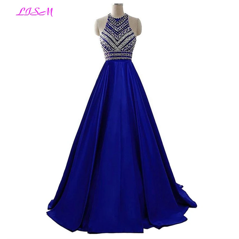 Top Trends: Royal Blue Crystals Prom Dresses 2022 A-Line Sleeveless Party Dress With Pockets O-Neck Beaded Satin Long Formal Evening Gowns Shoppable Styles