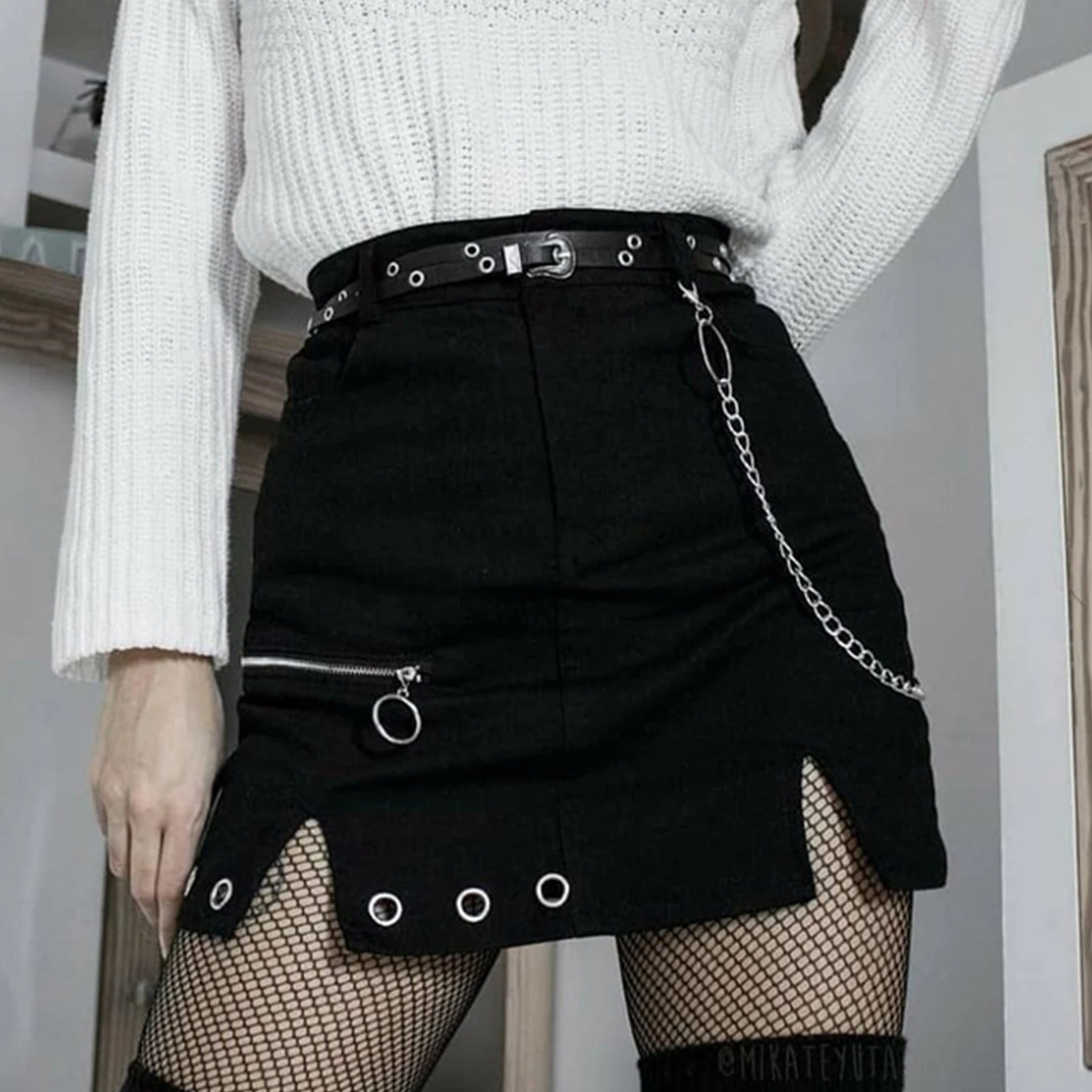 Top Trends: Heavy Metal Style Short Skirt Woman Zipper Chain Buckle Decor Solid Color Skirt Split Hem Lady High Waist A-line Short Skirt Shoppable Styles