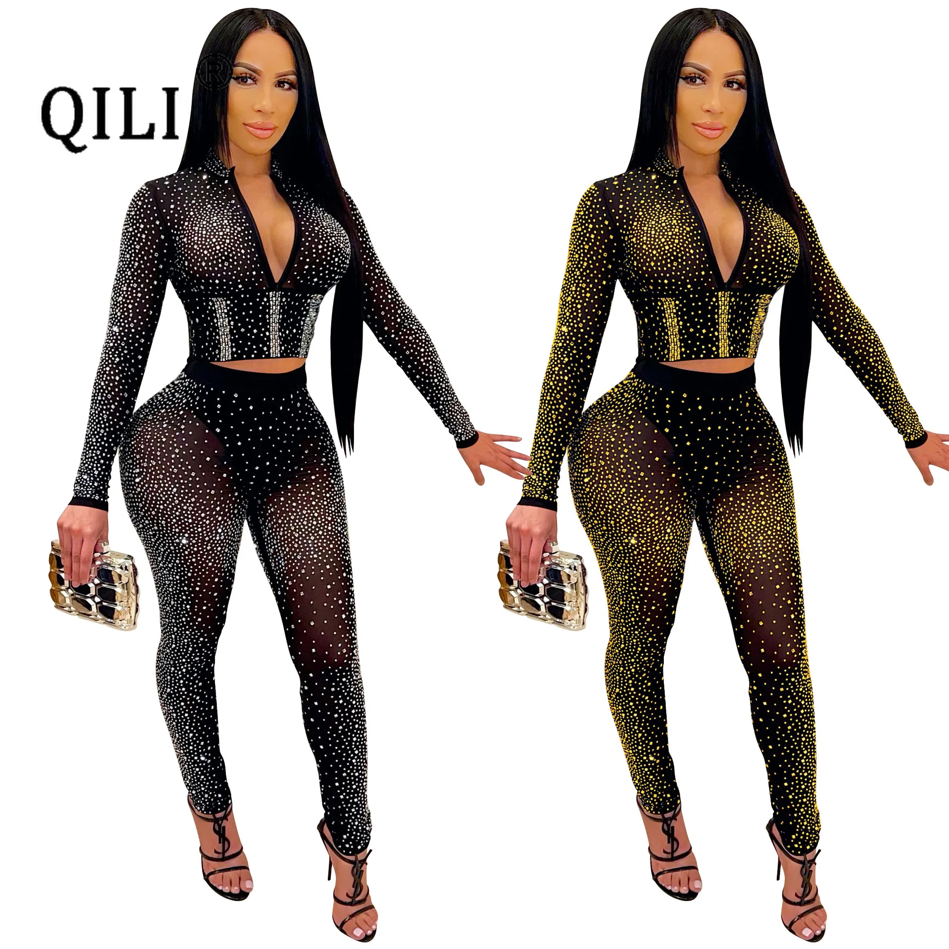 Top Trends: QILI See Through Mesh Diamonds Jumpsuits Women Two Piece Set Long Sleeve Jumpsuit Sexy Deep V Top And Pencil Pants Sets Shoppable Styles