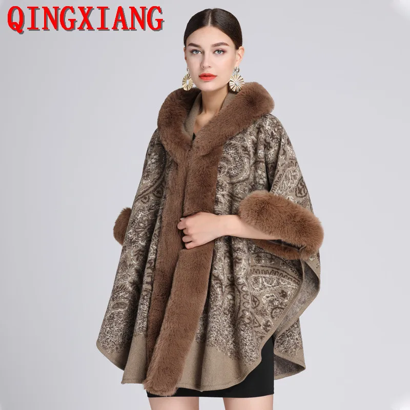 Top Trends: 6 Colors Khaki Long Faux Rabbit Fur Collar Hat Cloak Women Party Overcoat Winter Thick Cape Loose Printed Streetwear Coat Shoppable Styles