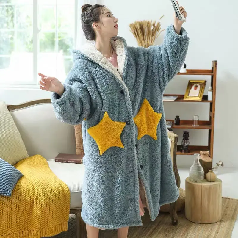 Top Trends: Winter Thick Coral Fleece Sleepwear Robe Winter Women Hooded Nightgown Kimono Bath Gown Loose Flannel Long Nightdress Home Wear Shoppable Styles