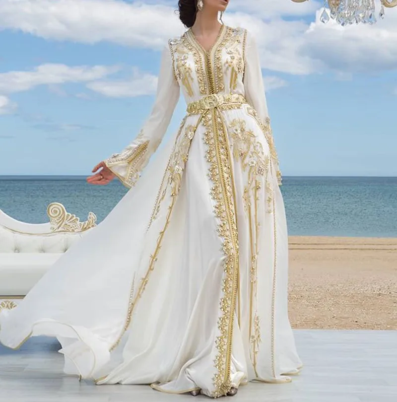 Top Trends: White Chiffon Luxury Evening Dresses Golden Lace Appliques Moroccan Kaftan Dubai Mother Dress Arabic Muslim Special Occasion Shoppable Styles