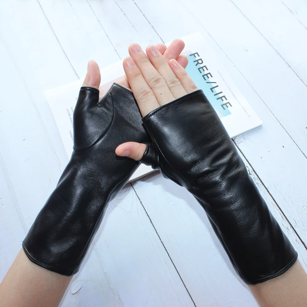 Top Trends: New Women Fashion Long Genuine Leather Black Sheepskin Driving Outdoor Fingerless Gloves Spring And Autumn Shoppable Styles