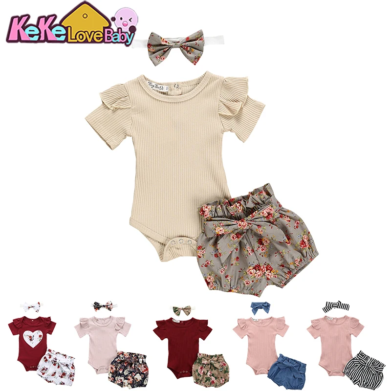 Top Trends: Newborn Baby Girl Clothes Set Summer Solid Color Short Sleeve Romper Flower Shorts Headband 3Pcs Outfit New Born Infant Clothing Shoppable Styles