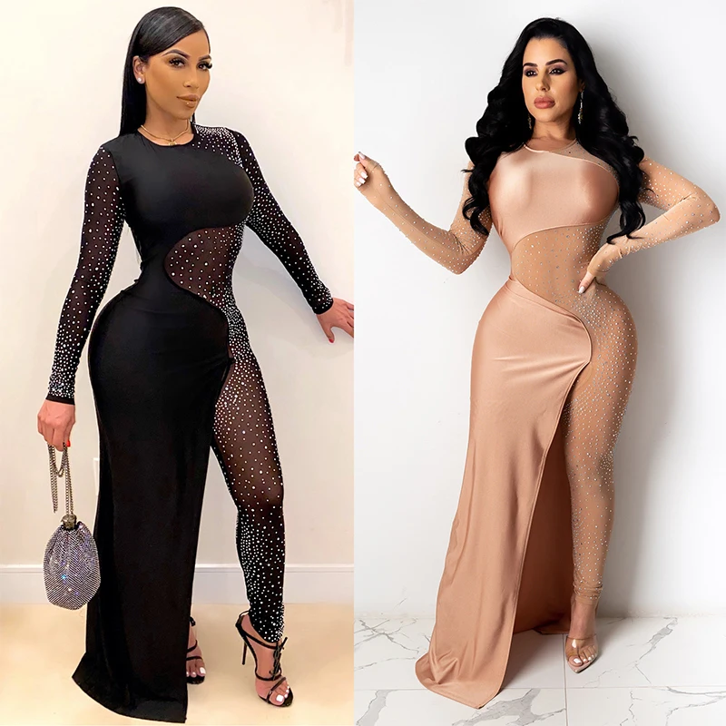 Top Trends: 2020 New Fashion Women Mesh Patchwork Diamonds Stitching Jumpsuits Female Black Sexy See Through Rompers Nightclub Party Overall Shoppable Styles