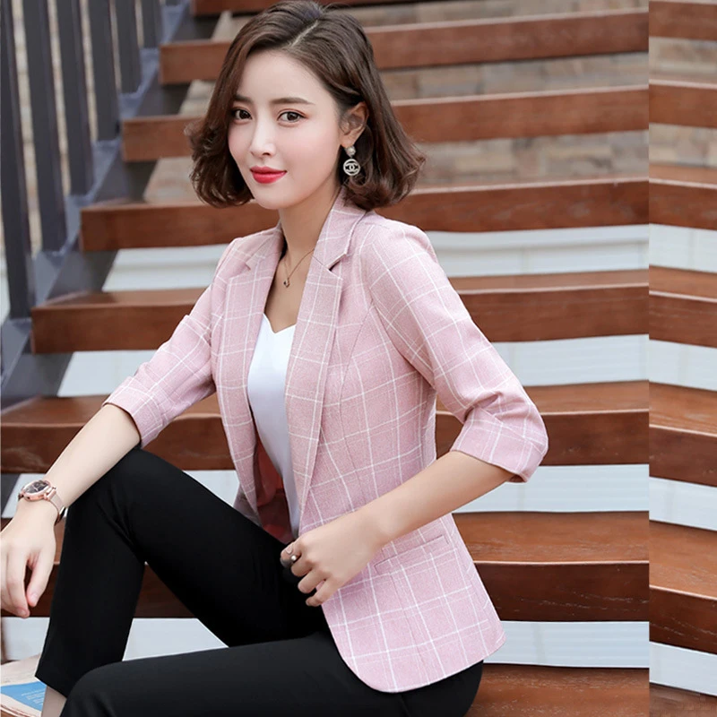 Top Trends: Plaid Autumn Plus Size Cotton Linen Blazer Women Office Lady Suit Single Breasted Business Female Blazer Coat Casual Chic Jacket Shoppable Styles