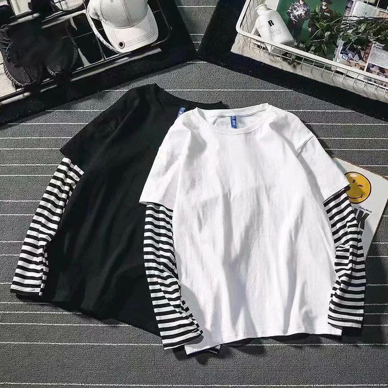 Top Trends: Fake Two Striped Color Matching Stitching Long Sleeve Women T-shirt 2020 Autumn Winter Hip Hop Style Couple Bottoming Shirt Shoppable Styles