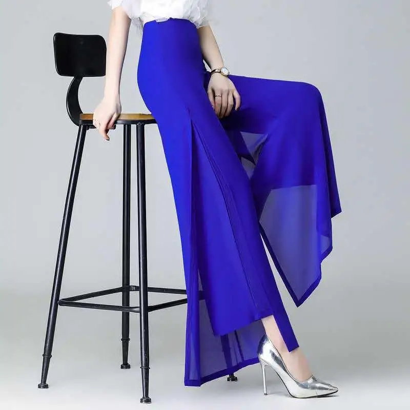 Top Trends: Summer OL Elegant Women Baggy Chiffon Trousers Wide Leg Pants Straight Thin High Waist Large Size Side Split Office Lady Pants Shoppable Styles