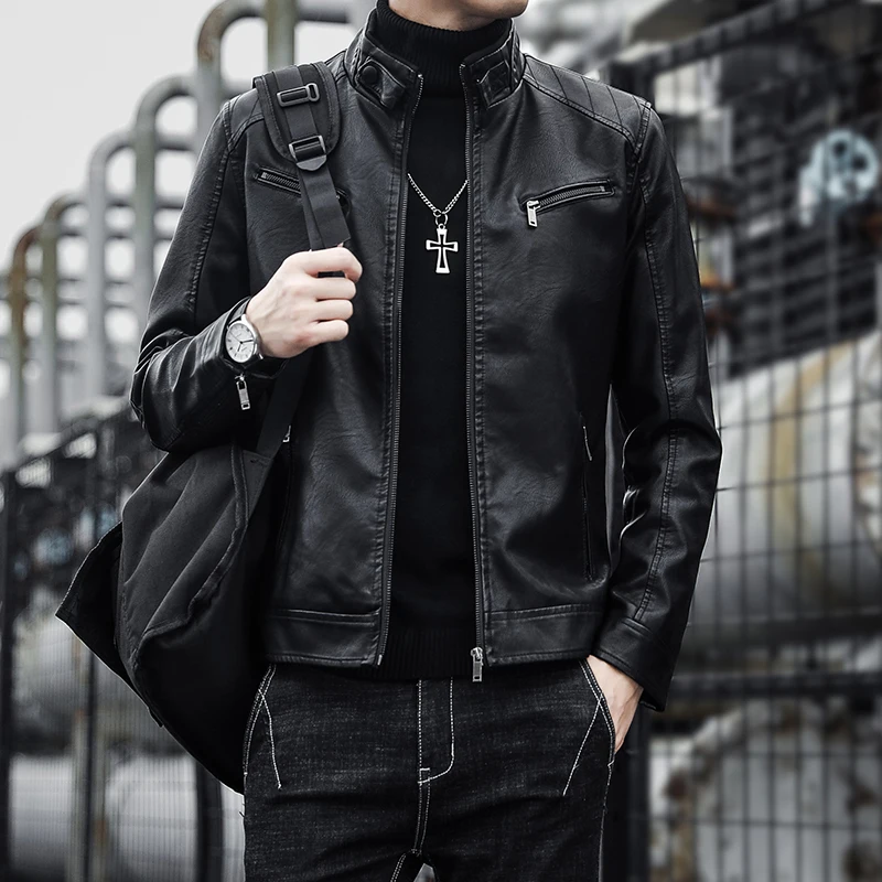 Top Trends: Autumn New Men Casual Fashion Stand Collar Slim PU Leather Jacket Solid Color Leather Jacket Men Anti-wind Motorcycle S-4XL Shoppable Styles