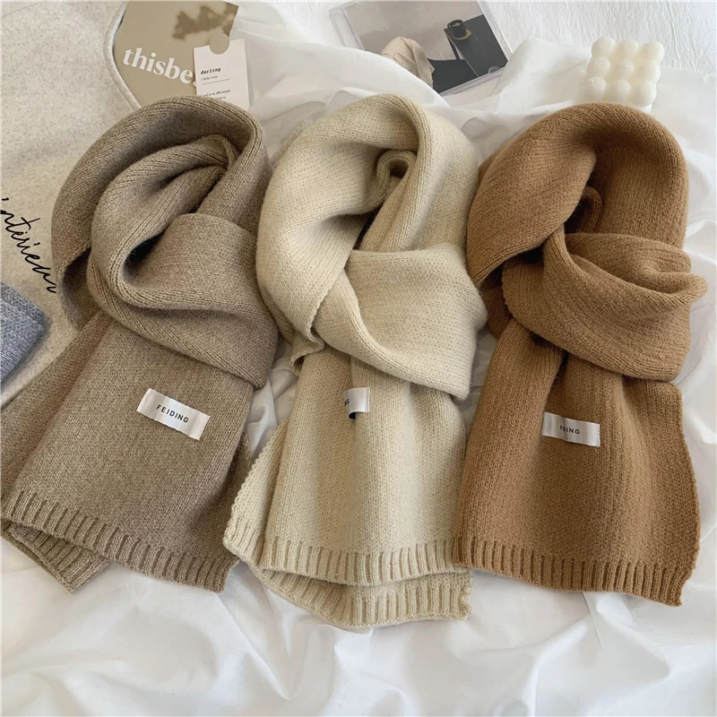 Top Trends: Luna&Dolphin Women Autumn Winter Solid Color Scarf Slim Neckerchief Soft Brown White Warm Knitted Woolen Ins Neck Pashmina Shawl Shoppable Styles