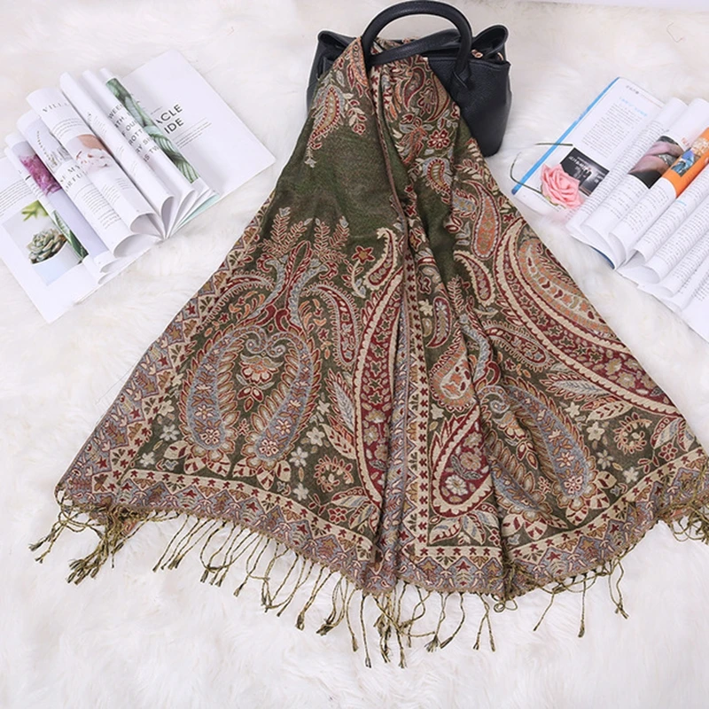 Top Trends: New Bohemia Style Women Double Side Paisley Silky Pashmina Scarf Wrap Shawl Lady's Ethnic Jacquard Fringed Travel Scarf Shoppable Styles