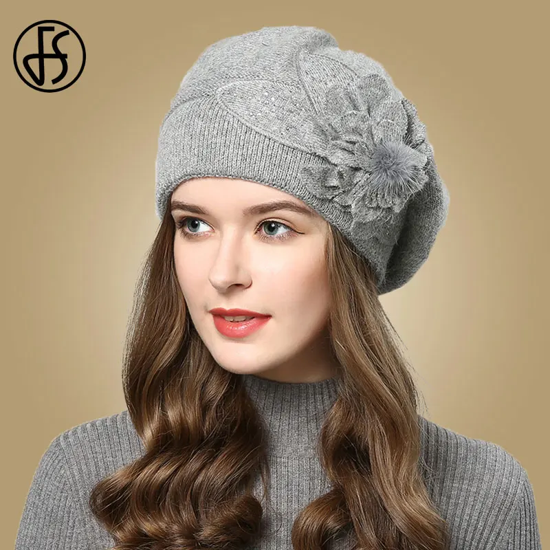 Top Trends: FS Women Rabbit Berets Knitted Wool Hats Winter Flowers Warm Female Cap Girls Beanies Fur Hat Gorros Bonnet Femme Hiver 2023 Shoppable Styles