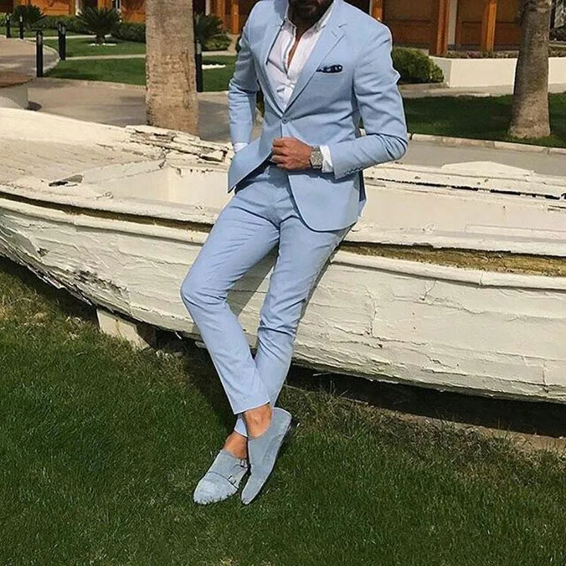 Top Trends: Light Sky Blue Slim Fit Men Prom Suits Notched Lapel Bride Groom Beach Wedding Tuxedos Blazers Sets 2 Pieces (Jacket+ Pant) Shoppable Styles