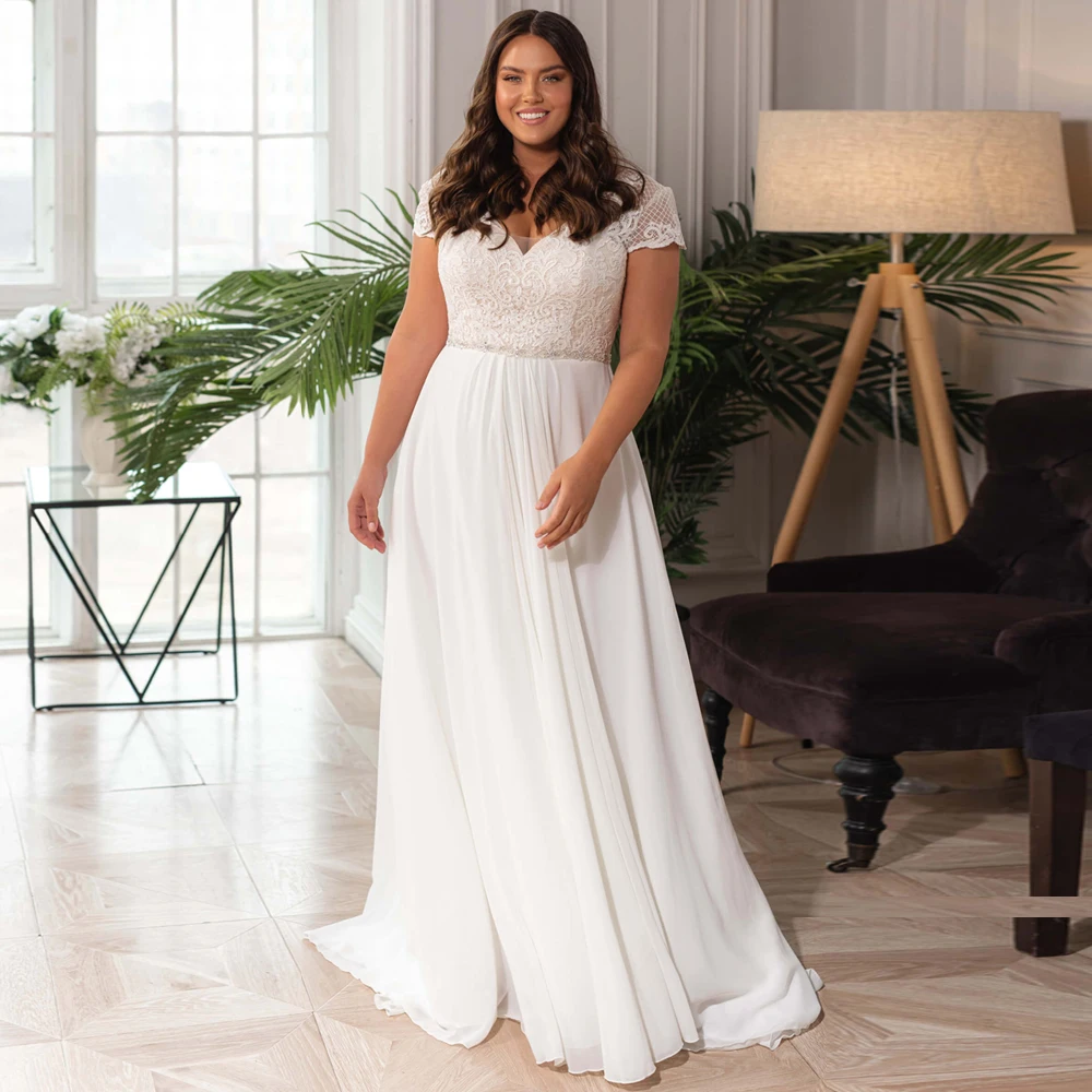 Top Trends: Elegant Chiffon Plus Size Wedding Dress V-neck Short Sleeves Beaded Bridal Gown With Lace-up Back Robe De Mariage Shoppable Styles