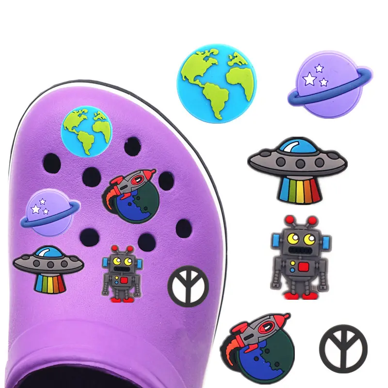 Top Trends: 1pcs PVC Shoe Charms Accessories Decorations Earth Robot Spaceship Peace Sign Clogs Buckle For Bracelet Kids Gifts ZJ03LI3 Shoppable Styles