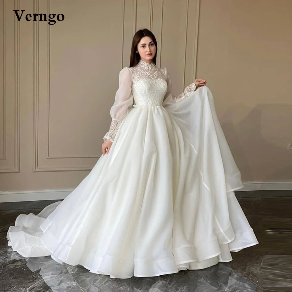 Top Trends: Verngo Modest Organza A Line Wedding Dress Lace Puff Long Sleeves High Neck Korea Wedding Bridal Gowns 2021 Robe De Mariage Shoppable Styles