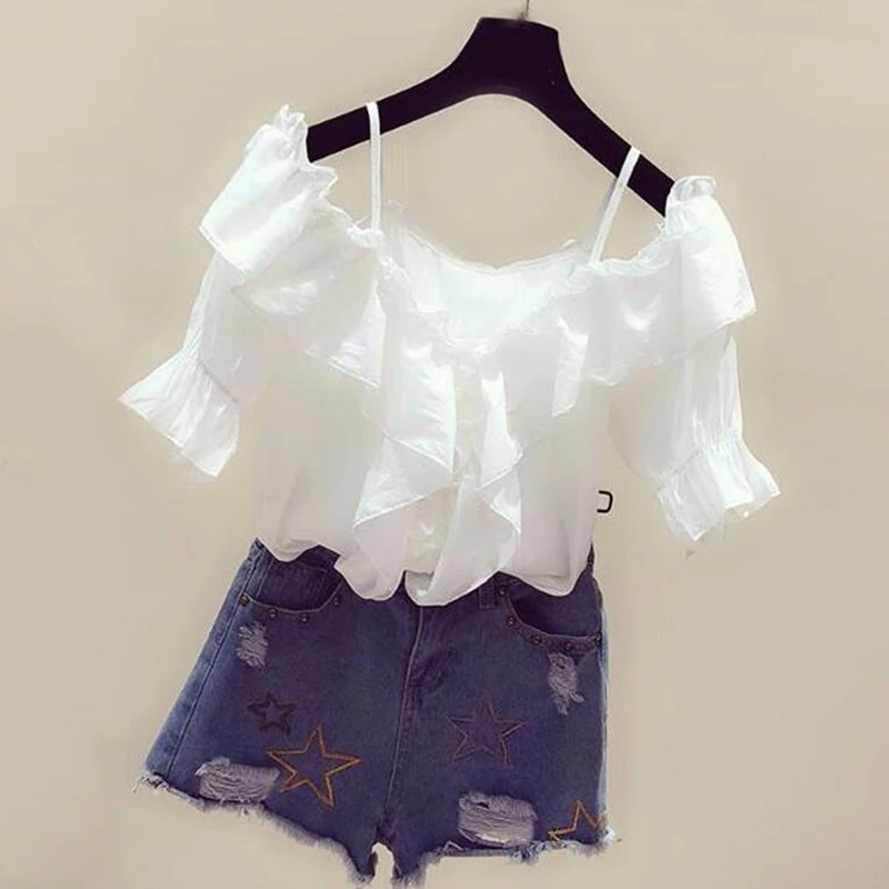 Top Trends: Ruffle Youth Elegant Blouses Tops Women Fashion Low Cut Blouse Summer Chiffon Shirt Pretty Bebeautiful Clothes Shoppable Styles