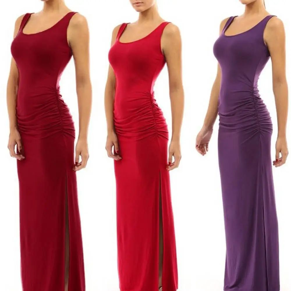 Top Trends: Hot Sales Solid Color Women Scoop Neck Sleeveless Summer Maxi Side Split Ruched Long Dress Shoppable Styles