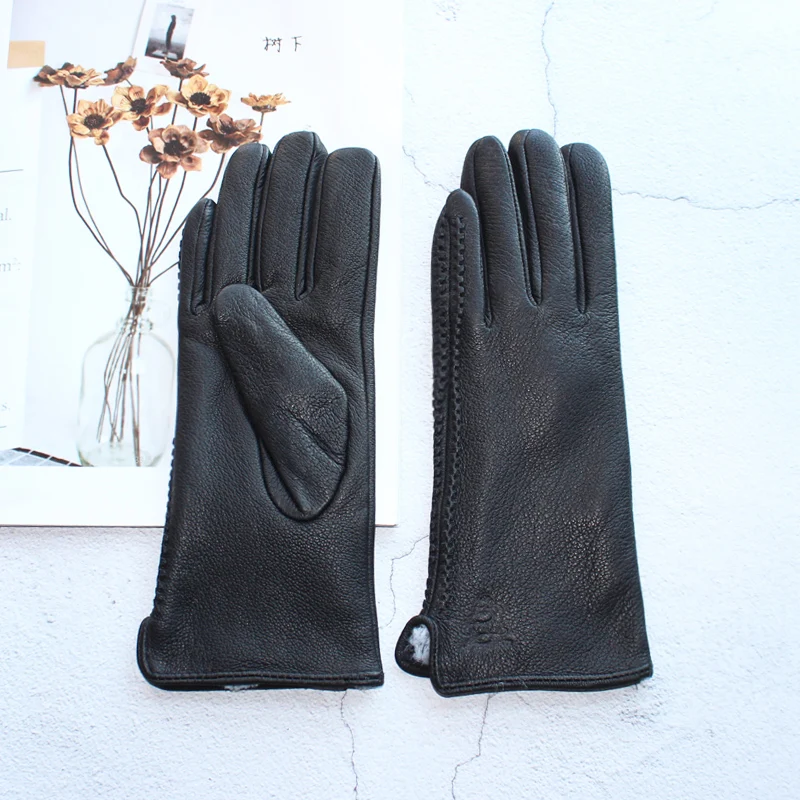 Top Trends: New 100% Genuine Leather Women's Gloves Velvet Lining Thin Section Driving Black Deer Skin Gloves Keep Warm In Winter Shoppable Styles