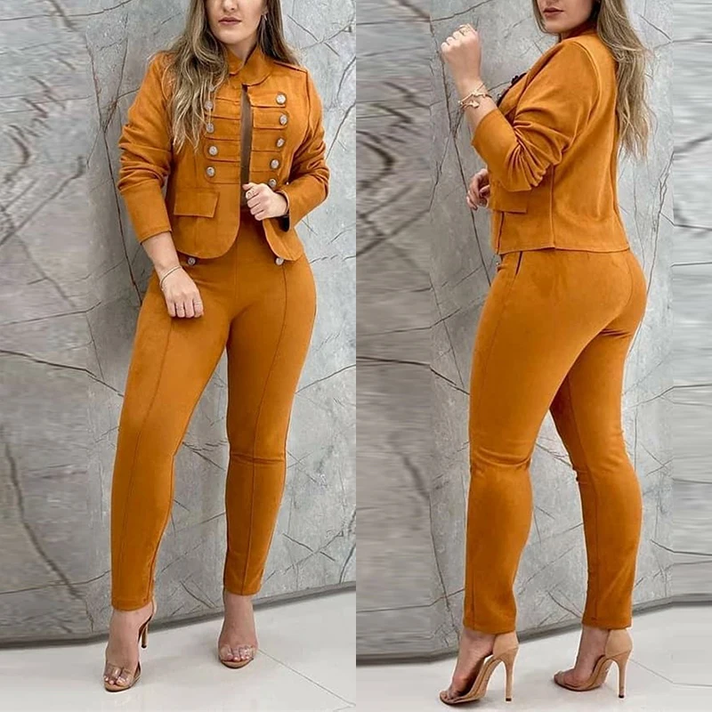 Top Trends: 2022 Work Wear Two Piece Suit Sets Summer Women Fashion Solid Color Long Sleeve Double Breasted Blazer &amp; Long Casual Pants Set Shoppable Styles