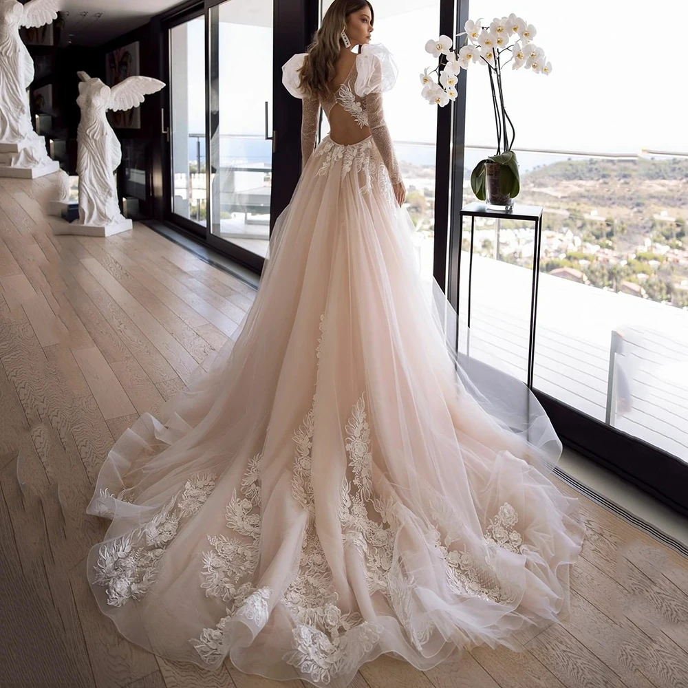 Top Trends: UZN Chic Champagne Princess Lace And Tulle Modern Wedding Dresses Sweetheart Long Puffy Sleeves Glitter Bride Gowns Plus Size Shoppable Styles