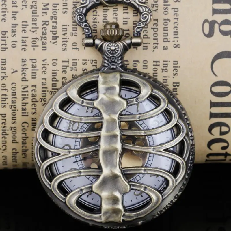 Top Trends: Spine Ribs Hollow Design Bronze Mens Pocket Watch White Dial With FOB Chain Quartz Pocket Watch Shoppable Styles