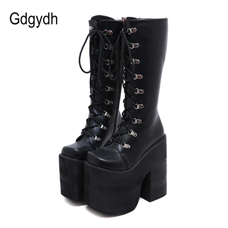 Top Trends: Gdgydh Large Size 43 Thick Platform Extreme High Heels 17cm Cool Motorcycles Boots Punk Style Shoelaces Knee High Boots Winter Shoppable Styles