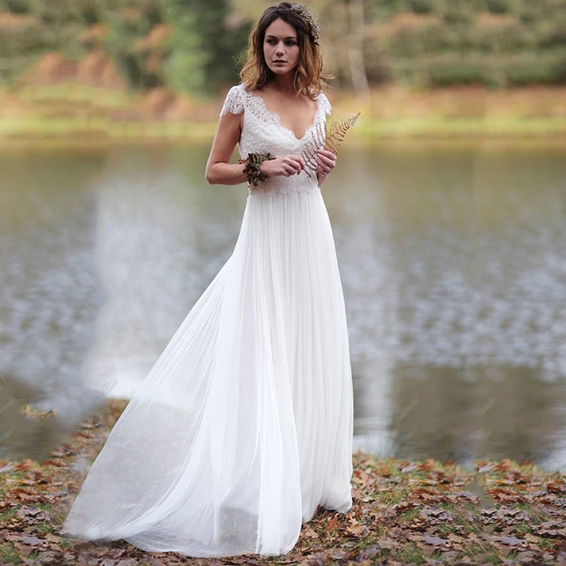 Top Trends: Summer Boho Wedding Dresses Beach V Neckline Cap Sleeves Chiffon Gowns 2023 Plus Size Bridal Vestido De Novia Shoppable Styles