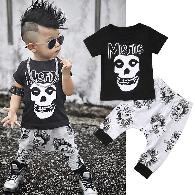 Top Trends: 2PCS Newborn Toddler Baby Boy Clothes Black Skull Print T-Shirt Top + Long Pant Outfit Kids Summer Cotton Clothing Set 0-3Y Shoppable Styles