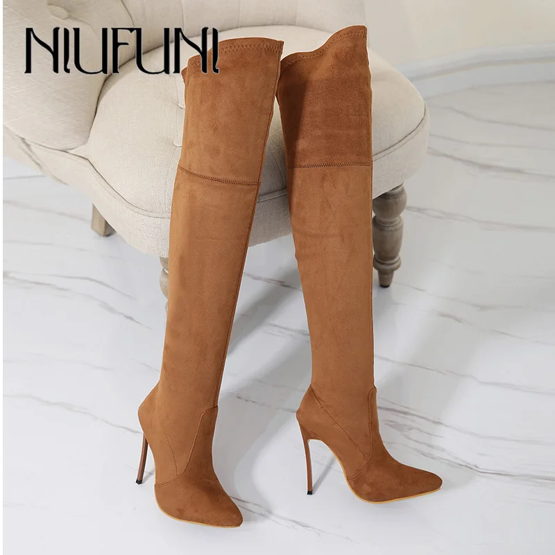 Top Trends: NIUFUNI 2023 Lady Sexy Over The Knee Boots Thin High Heels Autumn Pointed Suede Shoes Woman Comfortable Slim Stretch Botas Mujer Shoppable Styles