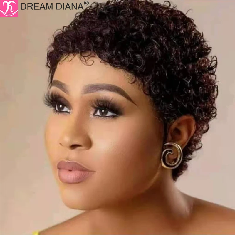 Top Trends: DreamDiana Malaysian Hair Wig Remy Short Natural Curly Glueless Human Wigs Pixie Cut Wig Ombre Short Machine Made Human Hair Wig Shoppable Styles