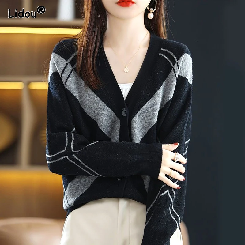 Top Trends: 2023 New Autumn And Winter Casual Minimalist Loose V-neck Patchwork Contrasting Color Versatile Long Sleeved Sweater Cardigan Shoppable Styles