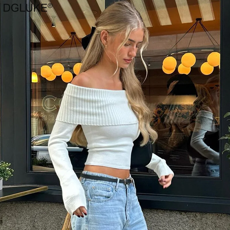 Top Trends: Off Shoulder White Sweater Women Ribbed Knitted Long Sleeve Crop Top Fashion Slash Neck Pullover Sweater Jumper Shoppable Styles