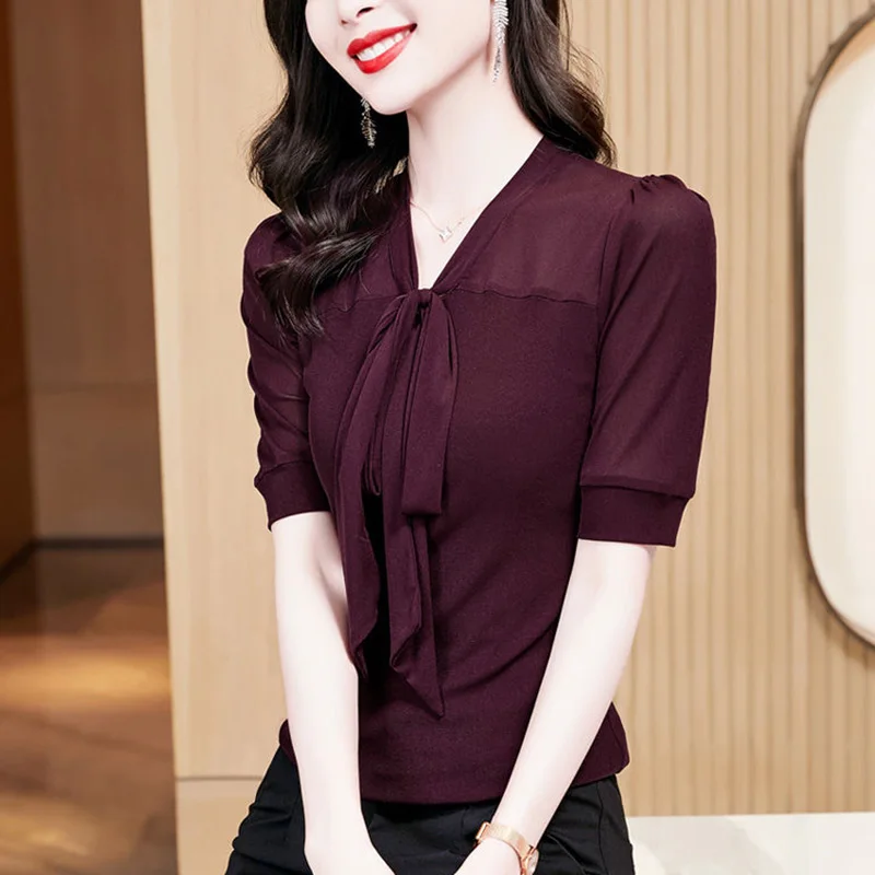 Top Trends: Elegant V-Neck Spliced Loose Folds Lace Up Bow Blouse Women's Clothing 2023 Summer New Casual Pullovers Tops Office Lady Shirt Shoppable Styles - Image 6