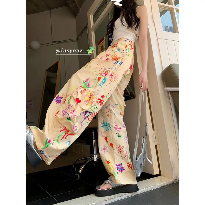 Top Trends: Kawaii Cute Women Graffiti Color Cargo Pants Hip Hop Fashion Printing High Waist Casual Summer Thin Wide Leg Sport Trousers 2023 Shoppable Styles