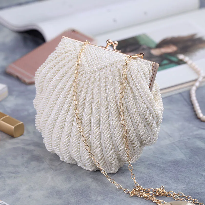 Top Trends: Elegant Pearl Beading White Shell Pochette Women Wedding Purse And Handbag Lady Embroidery Mariage Evening Banquet Clutch Bag Shoppable Styles