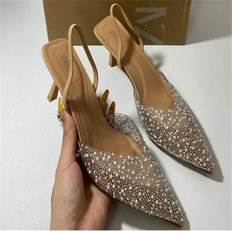 Top Trends: Fashion Summer Women High Heels Pearl Decoration Slingback Woman Pumps Pointed Toe High Heels Sandals Elegant Woman Shoes Shoppable Styles - Image 3