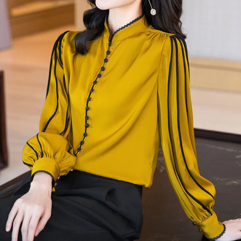 Top Trends: Yellow And Black Real Silk Shirt Spring Autumn Fashion Blouse 2023 Long Sleeve Round Neck Elegant Casual Korean Style Clothing Shoppable Styles