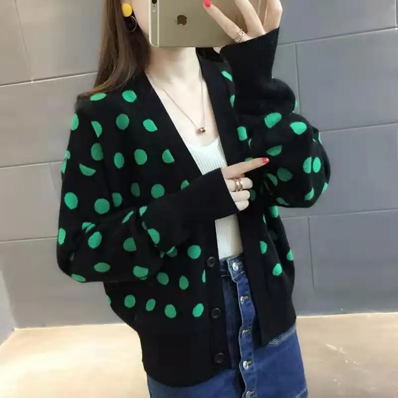 Top Trends: 2023 Autumn / Winter New Women's Polka Dot Fashion Knitwear Korean Version Slim Fit Sweater Academy Style Short Cardigan Coat Shoppable Styles - Image 6