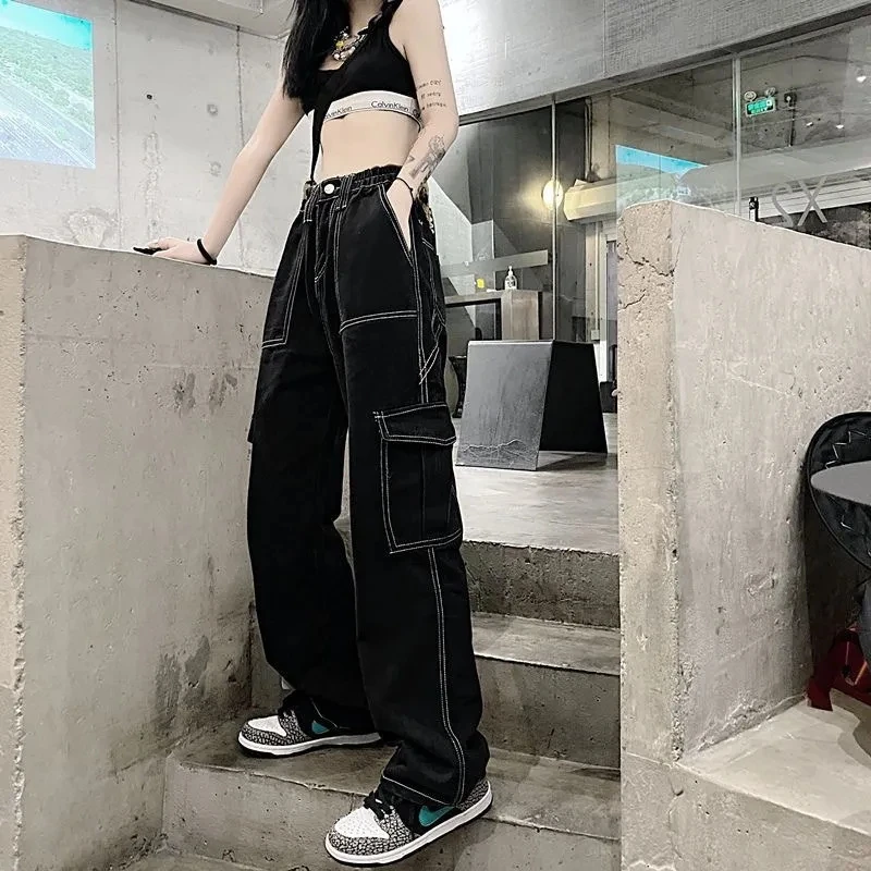 Top Trends: Vintage Wide Leg Cargo Jeans Women High Waist Pants Woman Streetwear Black Solid Loose Denim Trousers Female Jeans Shoppable Styles