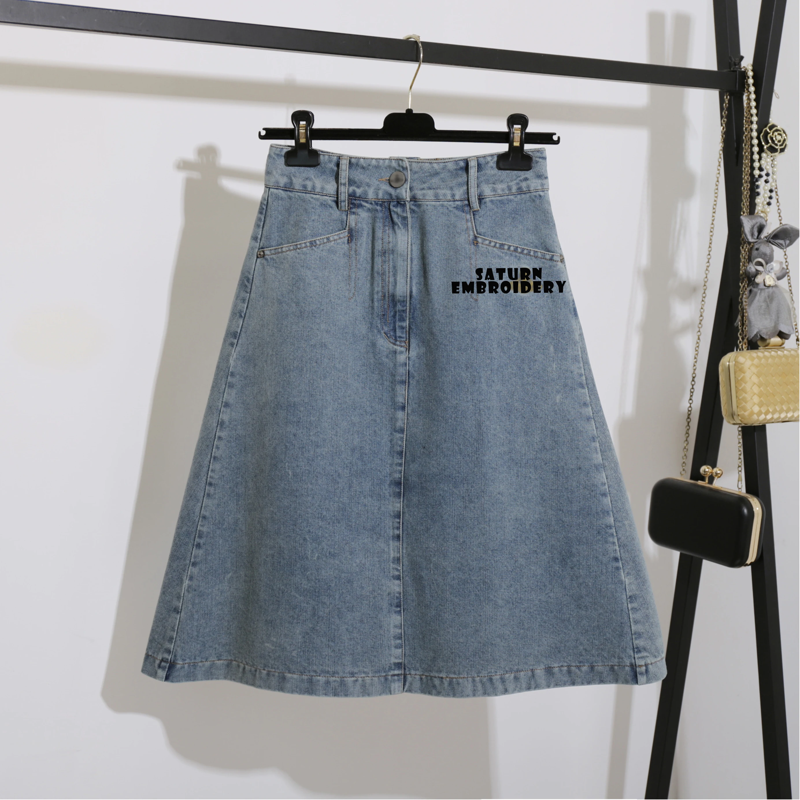 Top Trends: Autumn Saturn Embroidery Solid A-line Denim Skirt High Waist Slimming Short Women Dress Shoppable Styles