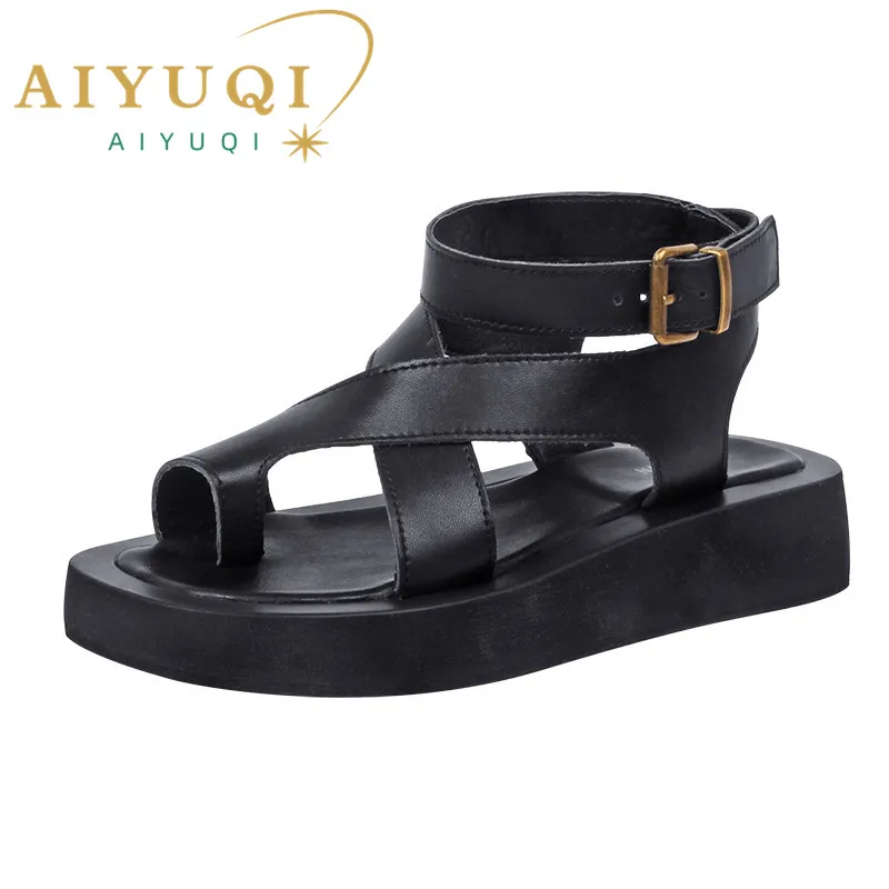 Top Trends: AIYUQI Sandals Women Genuine Leather 2024 Summer New Clip Toe Sandals Ladies Roman Women Shoes Muffin Sandals WHS MTO Shoppable Styles